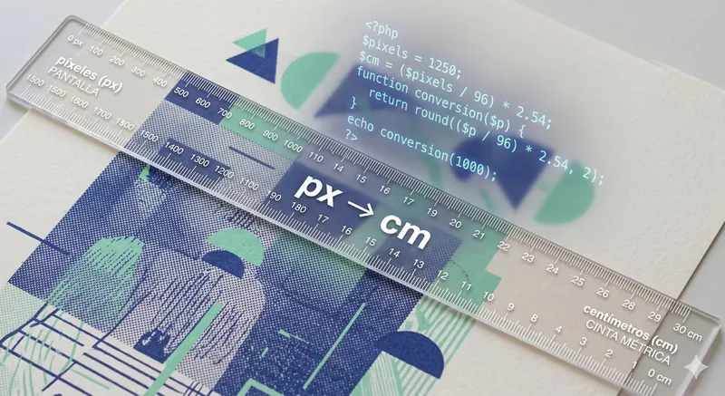 Regla de medición cruzando píxeles y centímetros con código PHP de fondo.