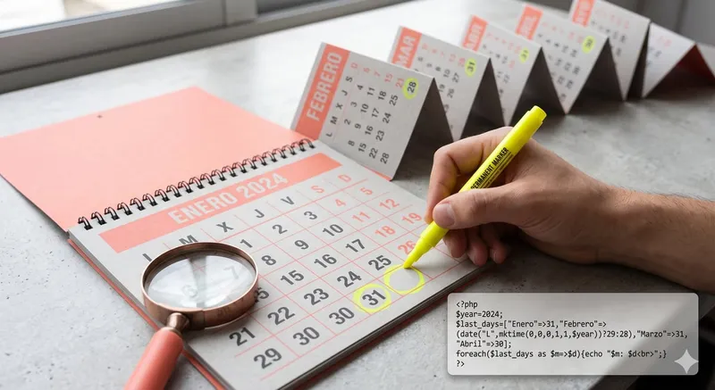 Calendario con el último día de cada mes marcado y fragmento de código PHP.