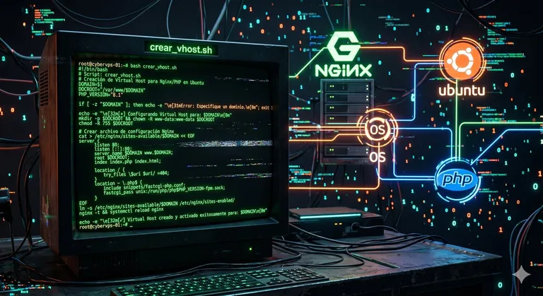 Terminal con código Bash, iconos de Nginx y Ubuntu conectados en red.