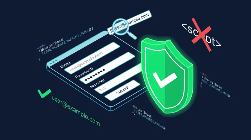 Código PHP con un escudo de seguridad y un formulario HTML en pantalla.