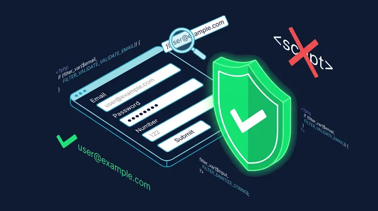 Código PHP con un escudo de seguridad y un formulario HTML en pantalla.